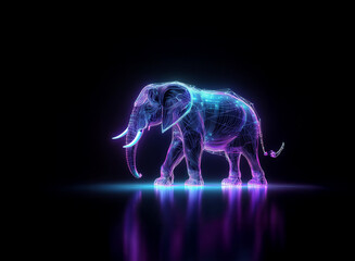 A luminous elephant, rendered in vibrant purple and blue particles, strides across a dark reflective surface.  Its form is ethereal, suggesting digital art or a holographic projection.