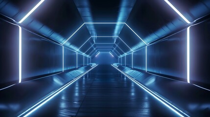 Wallpaper Empty futuristic metallic corridor with glowing blue and white neon lights