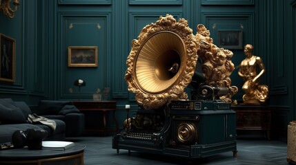 Fototapeta premium Luxurious vintage gramophone with ornate golden details in an elegant, classic room with teal walls and luxurious decor