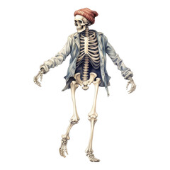 Stylish Skeleton in a Denim Jacket and Knit Beanie Walking Casually