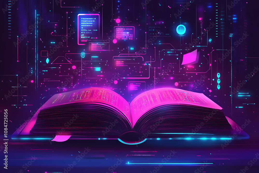 Poster an open book surrounded by digital elements, symbolizing knowledge and technology.