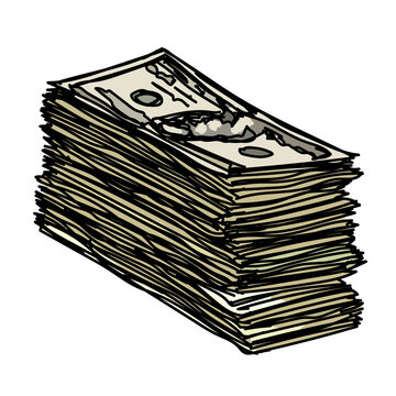 This vector illustration features a detailed stack of U.S. dollar bills arranged neatly. The hand-drawn style emphasizes depth and texture, making it ideal for themes like finance, wealth, and savings