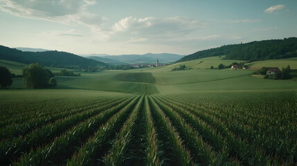 Aerial View of Cornfield with Rolling Hills and Sky