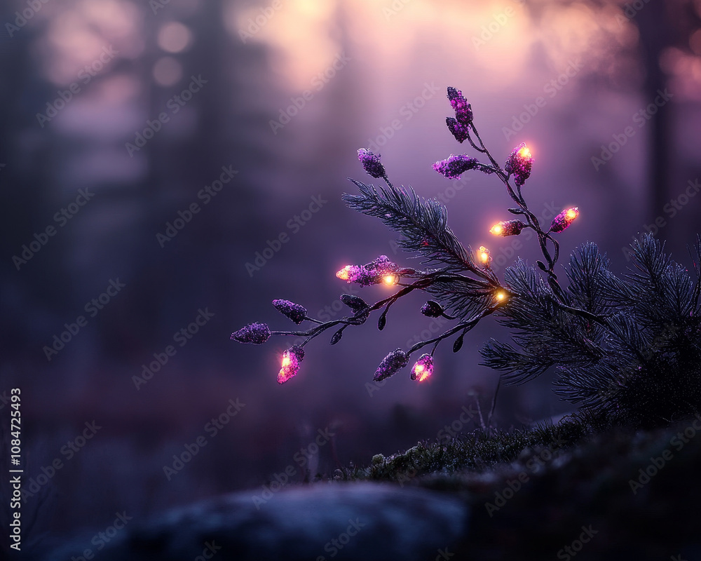 Poster beautifully decorated tree branch with colorful lights glowing softly in misty forest setting, creat