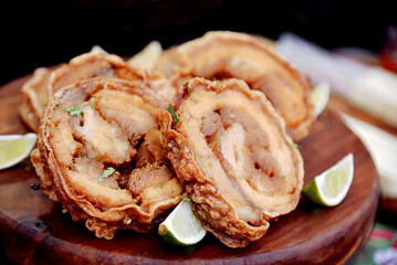 Close-up of fried roll cracklings. Crispy Pork Belly (crackling)