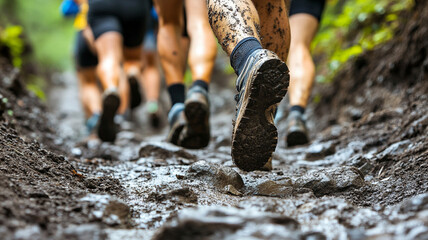 Close up of trail shoes walking on muddy path