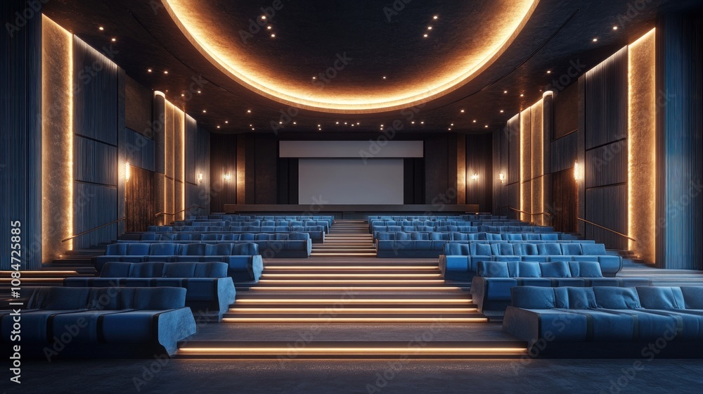 Poster luxurious empty movie theater with rows of plush blue seats and a large screen.