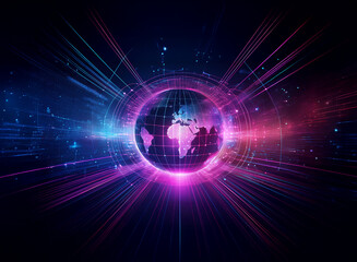 Fototapeta premium A glowing digital Earth surrounded by radiating light streaks and data streams, symbolizing global connectivity and technological advancement.