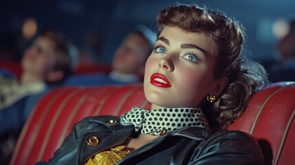 Vibrant character - person immersed in daily life, reflecting energetic essence of rock-n-roll and rockabilly eras, showcasing blend of timeless charisma, classic charm from the mid-20th century.