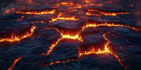 Glowing lava flows through cracked, dark volcanic rock.