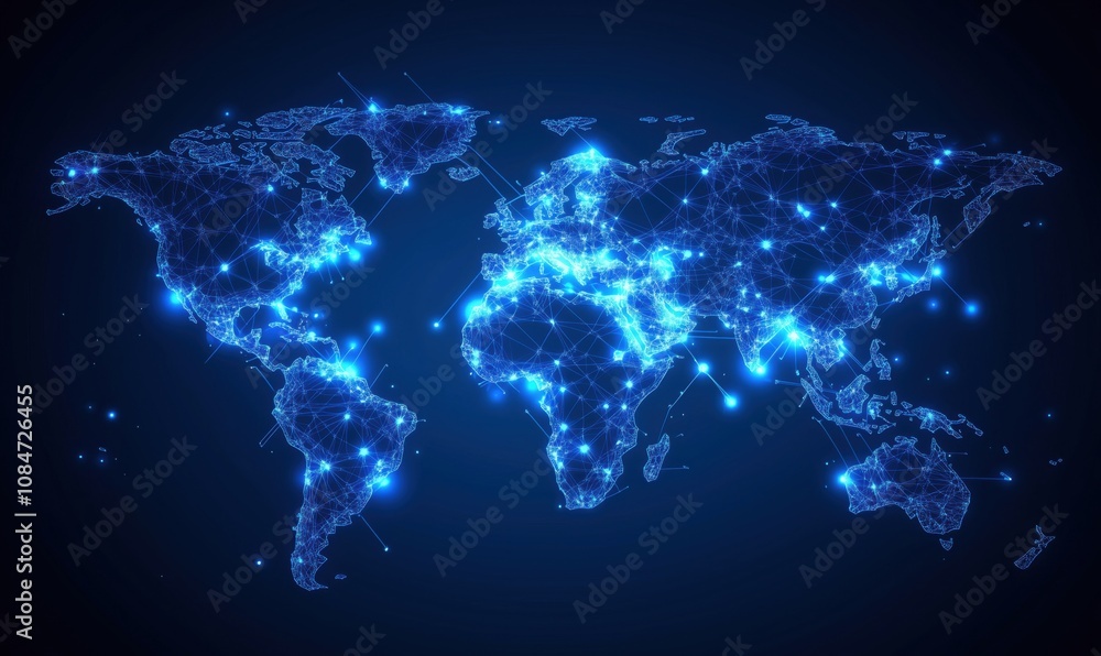 Poster digital world map with glowing connections and nodes, representing global network and technology. bl
