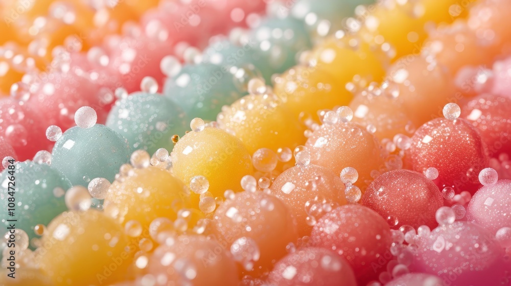 Poster close-up of colorful, glossy, round objects with small, transparent bubbles.