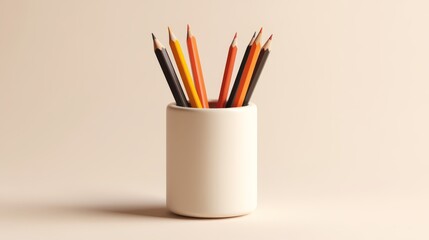 A white ceramic pencil holder with a group of orange, yellow, and black pencils sticking out of it on a beige background.