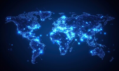 Digital world map with glowing connections and nodes, representing global network and technology. Blue neon lines and dots create a futuristic look.