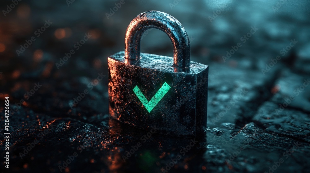 Poster here's a description for your image, following your specifications weathered padlock with glowing ch