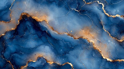 Abstract blue and gold marbled texture with fluid patterns.