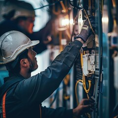 An electrician is focused on connecting wires inside an electrical panel, ensuring proper installation and safety. Another worker assists in the background