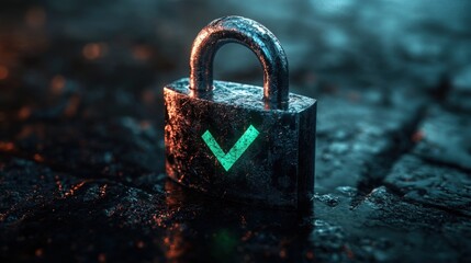 Fototapeta premium Here's a description for your image, following your specificationsWeathered padlock with glowing checkmark, signifying security and data protection.