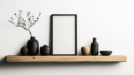 Minimalist shelf with black frame, vases, and decorative objects on wooden surface against white background