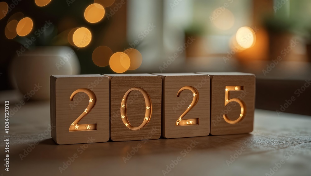 Aufkleber the wooden blocks arranged to spell 2025 are illuminated from within, creating a warm, inviting glow