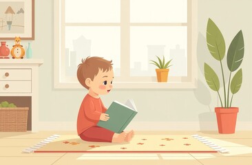 Naklejka premium A young child sits on a colorful rug, deeply engaged in reading a book. The room is bright with natural light, featuring plants and cheerful decorations that create a cozy atmosphere.