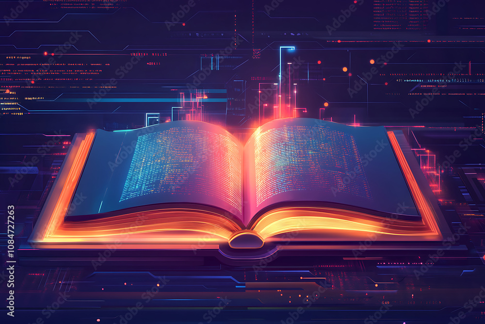 Aufkleber an open book glowing with digital elements, symbolizing knowledge and technology.