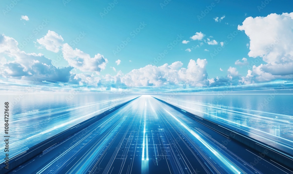 Aufkleber futuristic digital landscape with blue sky and clouds, depicting speed and technology. abstract line