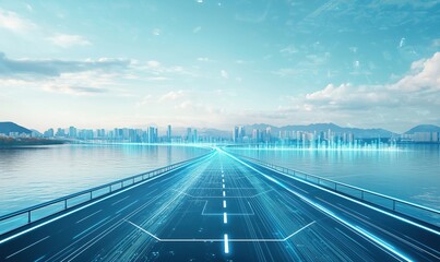 Fototapeta premium Futuristic highway with digital elements, city skyline, water reflection, blue sky, and mountains in background