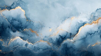 Abstract blue and gold marbled texture with fluid shapes and soft gradients.