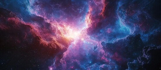 Obraz premium A vibrant cosmic scene showcasing colorful nebulae and stars in deep space.