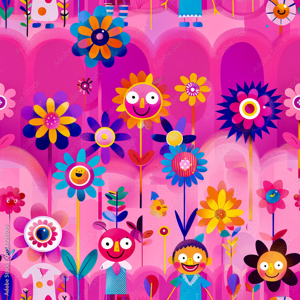 Poster a lively garden filled with colorful flowers and playful characters, showcasing an array of joyful e