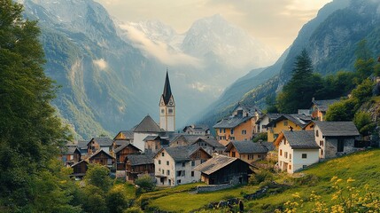 Fototapeta premium Scenic mountain village with a church, surrounded by lush valleys and towering peaks.