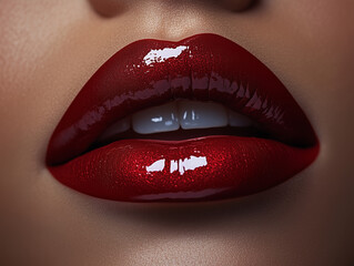Obraz premium Close photo of red lipstick with a glossy shinny finish 