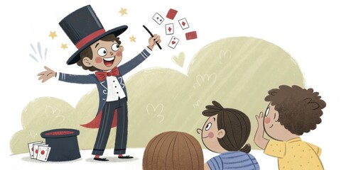 Young magician is performing a magic trick with playing cards, making them float in the air while three children watch in amazement