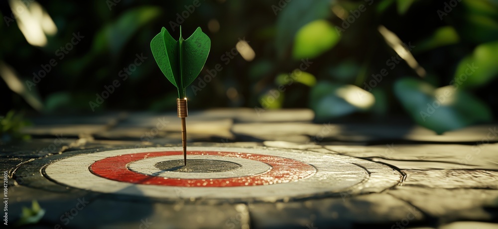 Poster dart hitting target center, symbolizing precision and focus. green dart on red and white bullseye, s