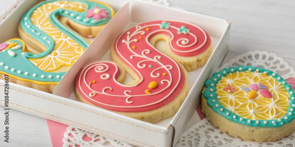 Poster sshaped cookies decorative cookies with intricate icing details shaped like ss featuring bright colo
