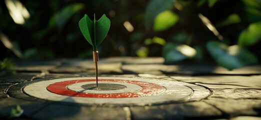 Dart hitting target center, symbolizing precision and focus. Green dart on red and white bullseye, surrounded by lush greenery.