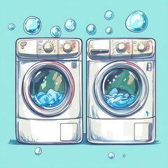 Whimsical Cartoon of Washer and Dryer with Bubbles