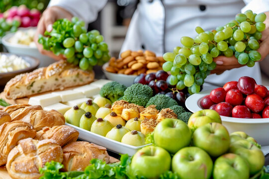 A chef carefully places green grapes and other fruits among a colorful array of fresh produce and baked goods, showcasing a variety of healthy snacks and desserts in a bright setting.