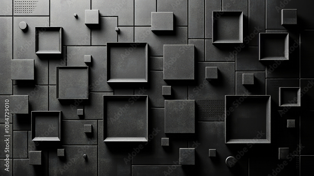 Aufkleber a striking arrangement of black squares and rectangles in diverse sizes and textures are displayed o