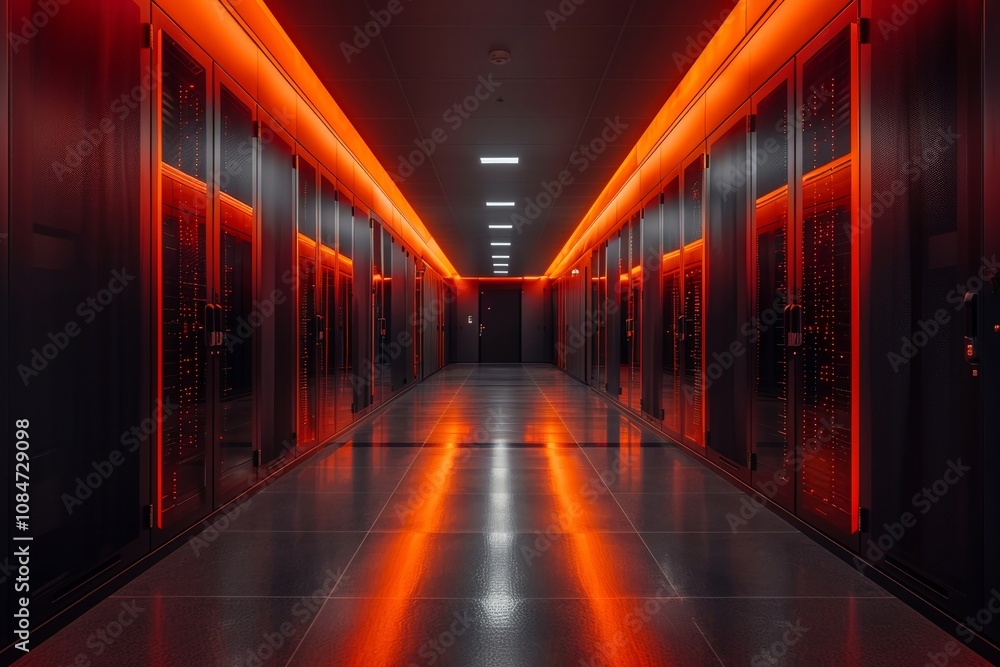 Poster in a cutting-edge data center, rows of servers are illuminated by striking orange lights, creating a