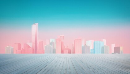 Fototapeta premium Pastel city skyline viewed from a wooden deck.
