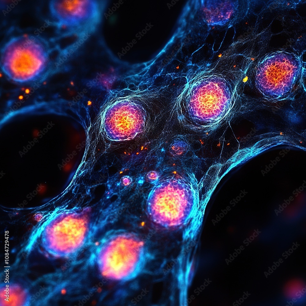 Poster exploring cellular structures and patterns scientific research laboratory digital art microscopic en