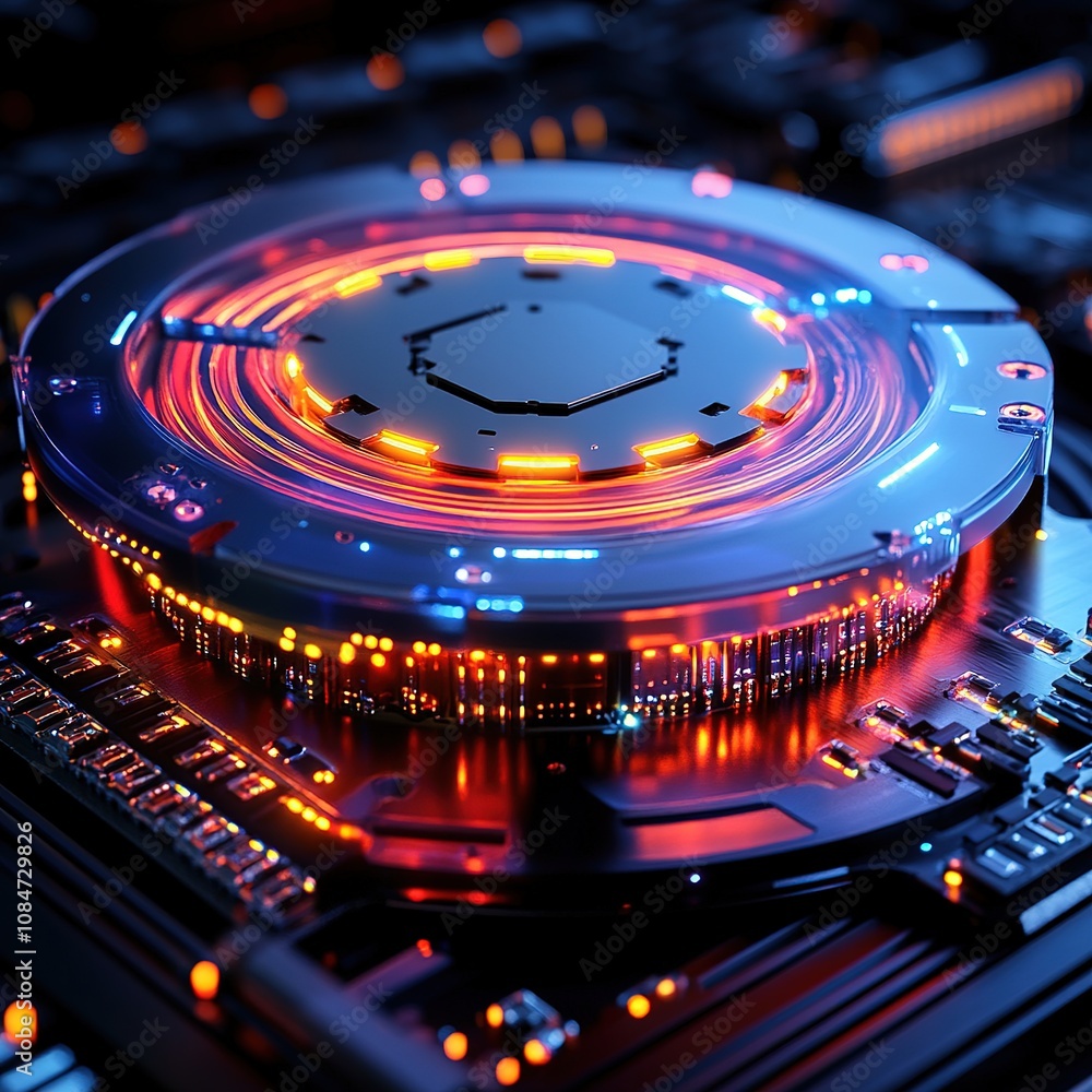 Poster illuminated circuit board action technology hub digital art futuristic environment close-up view inn