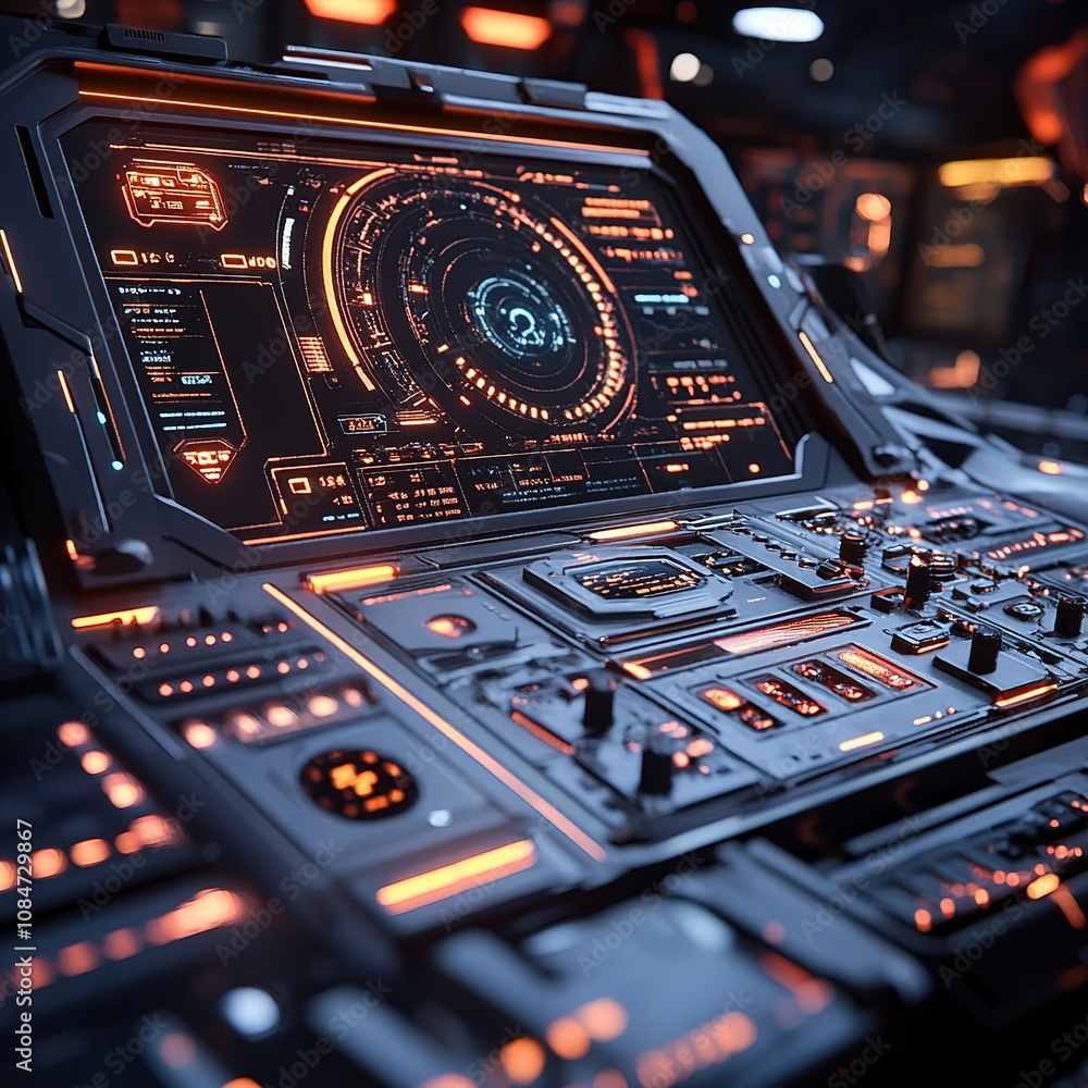 Poster futuristic control panel interface high-tech laboratory digital dashboard sci-fi environment close-u