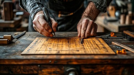 Craftsman using a marking tool to measure a piece of wood on his workbench.