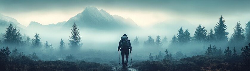 Fototapeta premium Hiking journey through misty mountains scenic forest landscape outdoor adventure serene atmosphere wide angle view nature exploration