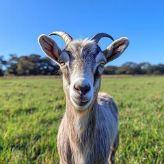 Fototapeta premium Goat grazing in a lush field nature scene outdoor setting close-up perspective for animal lovers