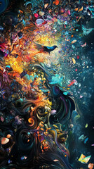 Abstract Colorful Bird Galaxy Painting, Psychedelic Floral Swirl, Fantasy Art