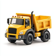 A bright yellow dump truck model, designed for children's play or educational use, Ideal for marketing materials related to construction, toys, or childhood development themes,